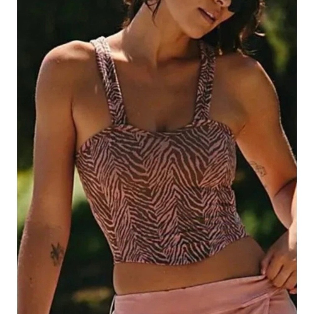 Free People Movement Crop Top Flutter Kick Tank Medium Pink Brown Zebra Top